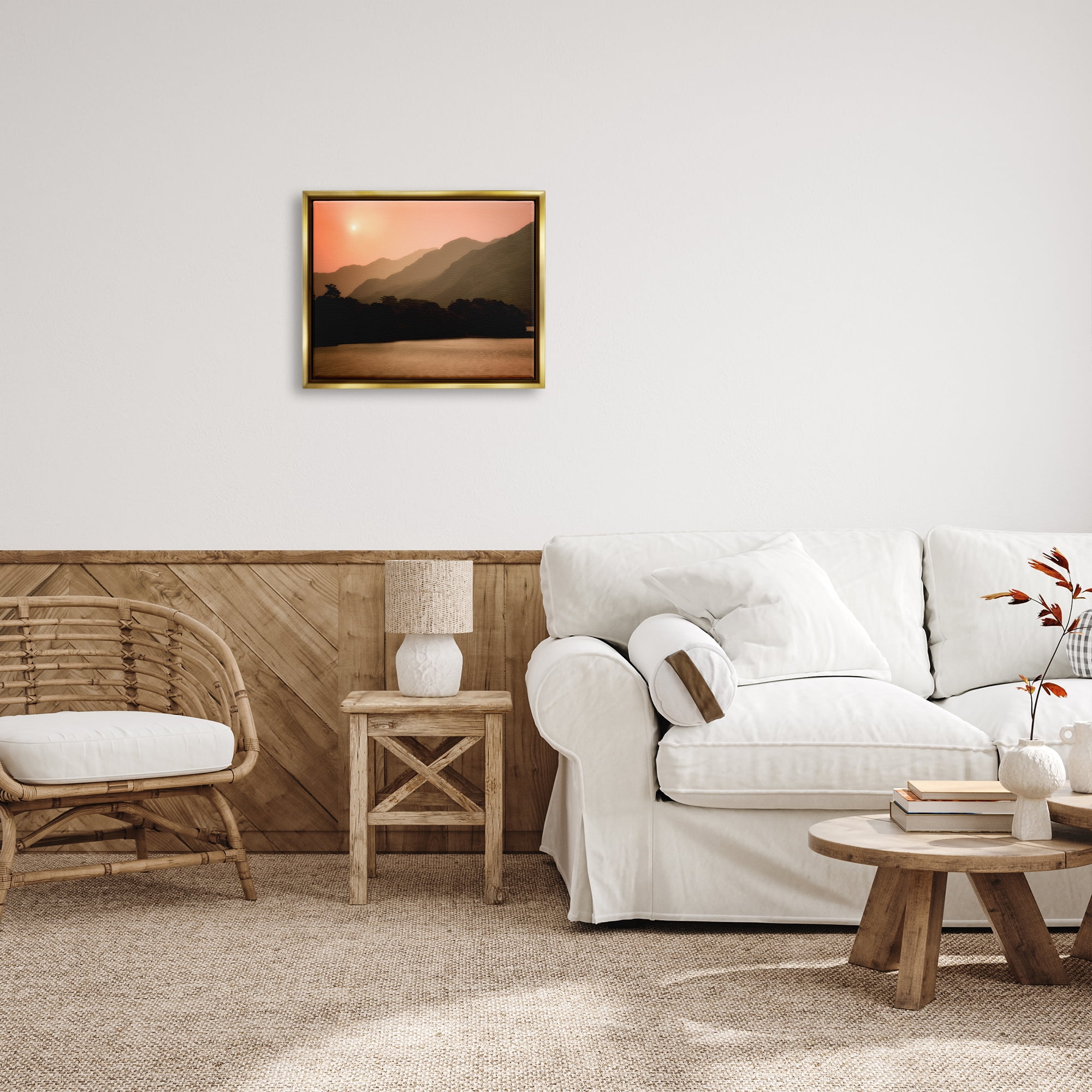 Stupell Industries Sunset over Mountain Peaks Nature Photography Gold Floater Framed Art Print Wall Art, 21 x 17
