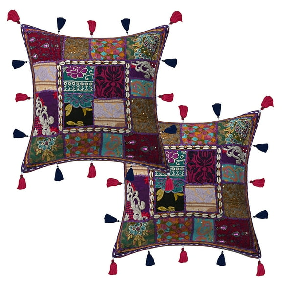 Stylo Culture Ethnic Chair Seat Throw Pillow Covers Patchwork 16x16 Embroidered Cowrie Purple Boho Hippy 40cm x 40cm Bedroom Cotton Sea Shell Tassels Square Cushion Covers | Set Of 2