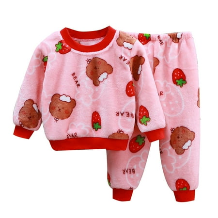 

YDOJG Outfit Set for Toddler Boys Girls Childrens Flannel Suit Baby Pajamas Boys Homewear Cartoon Fluffy Warm Long Sleeve Pants Suit Hot Pink 5-6 Years