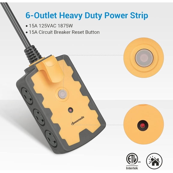 JUNCHI-6-Outlet Heavy Duty Power Strip, 25FT Long Extension Cord, 14/3C Gauge, SJT W, 15A Circuit Breaker, Industrial Power Strip for Garage, Workshop, Indoor Outdoor Holiday Lights, ETL Listed