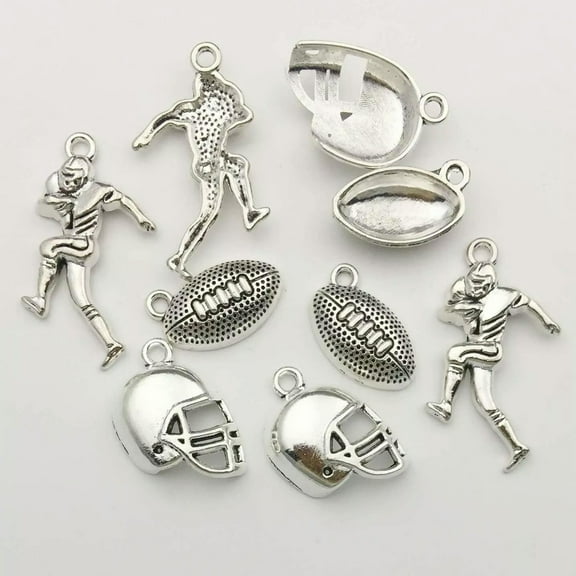 U8MO 6 Football Themed Charms Antiqued Silver Tone Sport Pendants Team Assorted