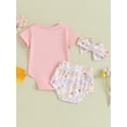 thumbnail image 4 of Suealasg Infant Baby Girls Easter 3Pcs Clothes Sets 3M 6M 12M 18M Short Sleeve Letters Print Romper +Egg Print Shorts +Headband Newborn Girls Summer Casual Outfits, 4 of 9