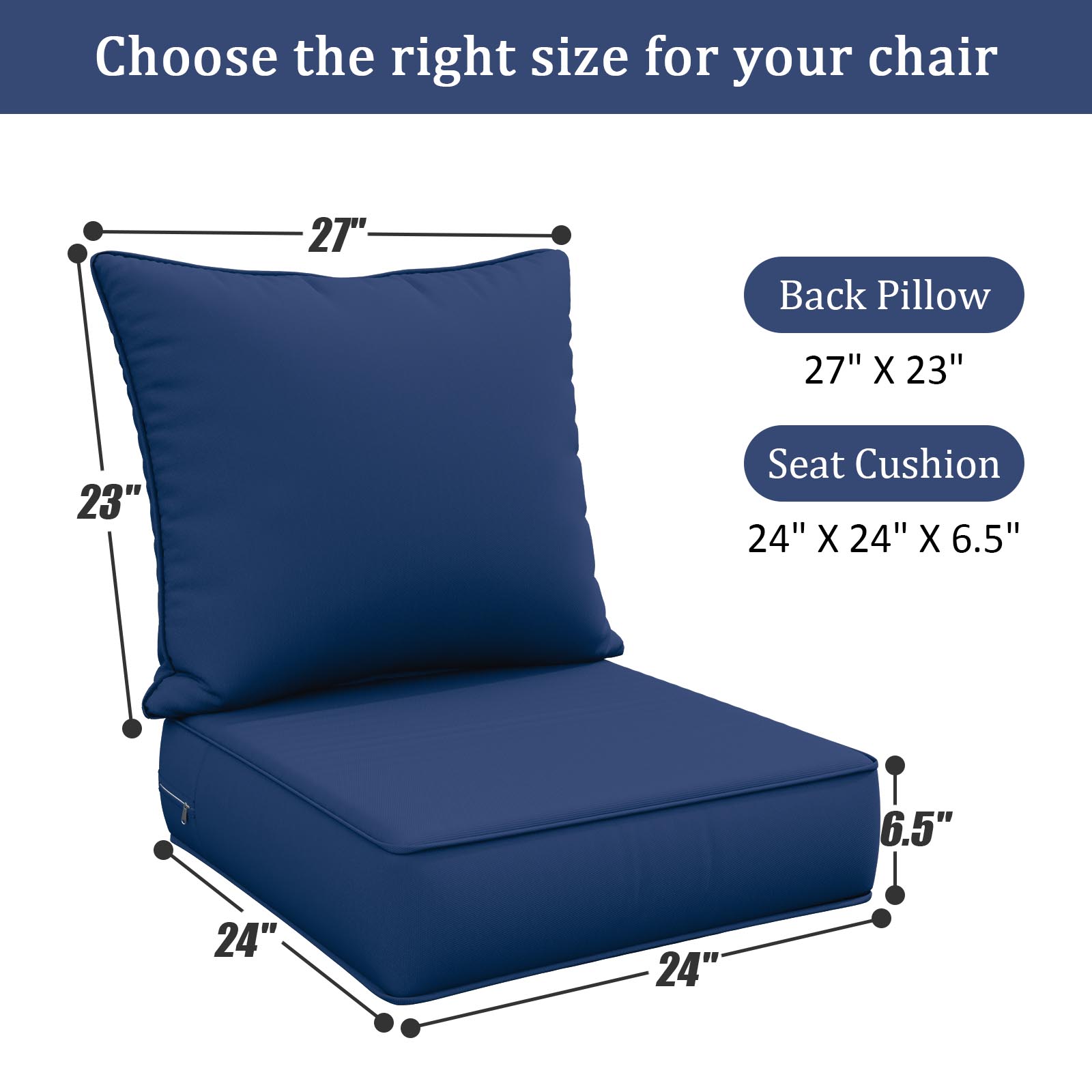 Snubbull Outdoor Deep Seat Cushion Set 24 X 24 X 6.5 Inch Splash-Proof & Fadeness Patio Furniture Cushions，Removable Outdoor Couch Cushions with Hidden Zipper & Adjustment Staps，Blue
