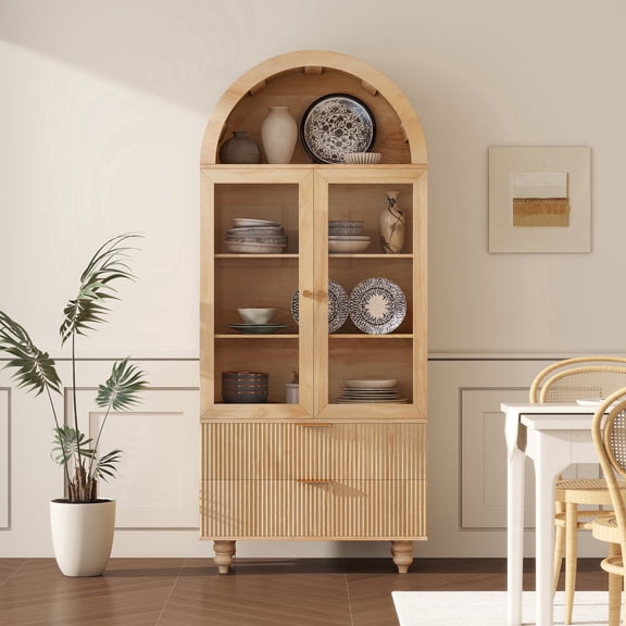 Arched Bookshelf, Wood Bookcase with Doors, Book Case Closed Storage, 71"Tall Glass Display Cabinet, Living Room