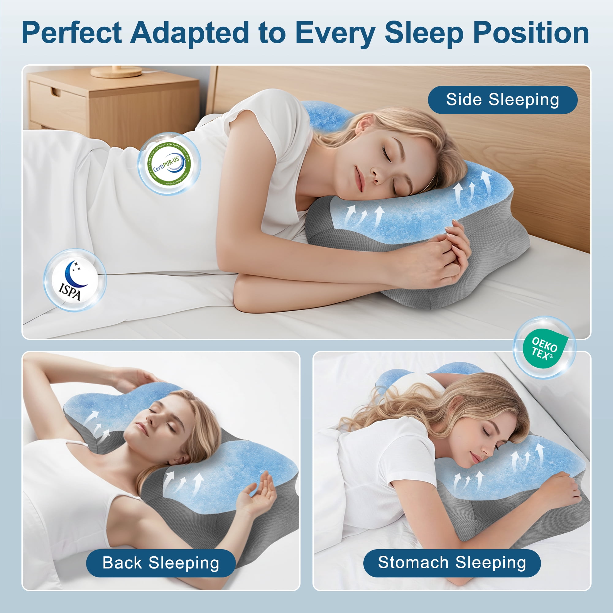 KAIPARA Memory Foam Cervical Pillow for Sleeping, Ergonomic Butterfly Contour Bed Pillow with Cooling Ice Silk Cover for Side, Back & Stomach Sleepers, Grey & White