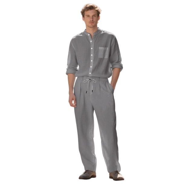 Camiseta de Manga Larga Negra para Hombre con Cuello Refinado Y Placa de Botón, Traje de Pantalones Cónicos para Uso Al Aire Libre Casual