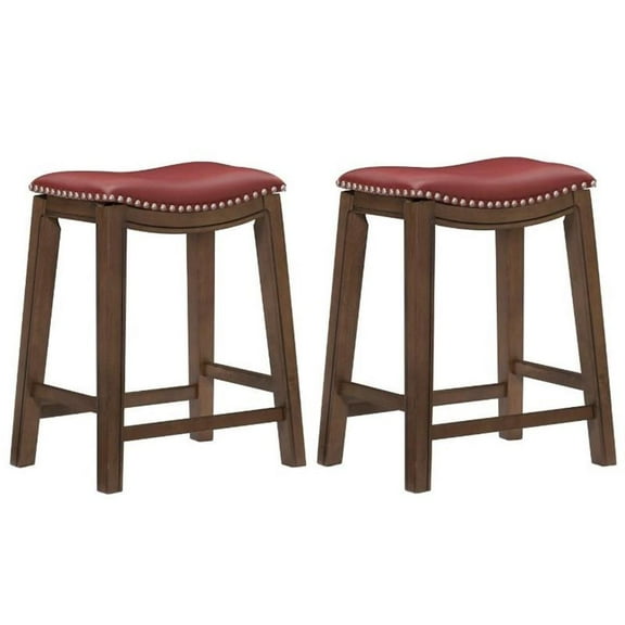 Home Square 2 Piece 24" Faux Leather Saddle Counter Stool Set in Red