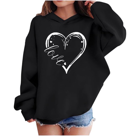 Babcutegg Girls Valentine's Day Sweatshirts Lightweight Graphic Tee Hoodies Long Sleeve Casual Fashion Girls Clothes Black Size 9
