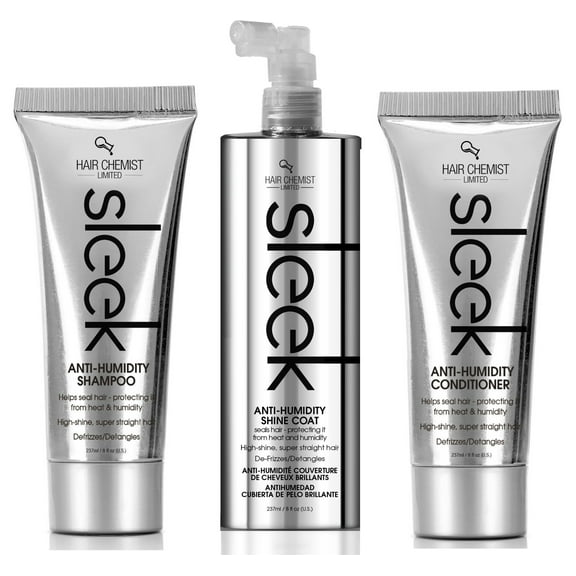 Hair Chemist Sleek Anti-Humidity Shampoo 8oz, Conditioner 8oz & Shine Coat 8oz 3-PC SET - Frizzy Hair Shampoo and Anti-Frizz Treatment Collection for Silky Hair & Super Straight Hair