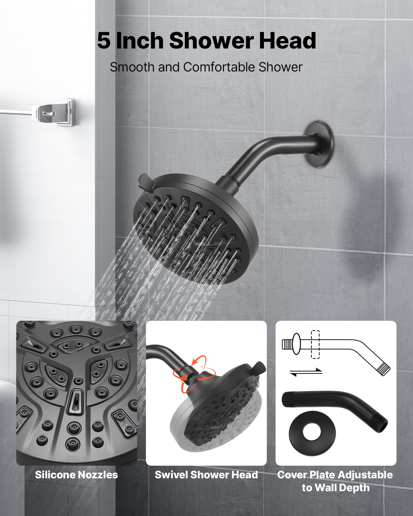VEVOR Tub and Shower Faucet Set, Complete with 5-Inch Rainfall Shower Head and Bathtub Spout, 8-Setting Adjustable Spray, Single-Handle Tub Trim Kit with Brass Pressure Balancing Valve, Matte Black