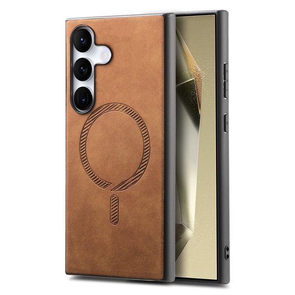 for Samsung Galaxy S25 Plus Magnetic Case, Luxury PU Leather Skin-Feel Back Protective Phone Cover Compatible with Mag-Safe Support Car Mount Holder for Samsung Galaxy S25 Plus, Brown