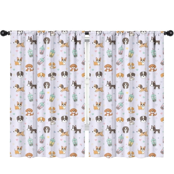 Dog and Bubble Tea Purple Pattern Insulated Teens Curtains Set Of 2, Bedroom Essentials, Toddler Room Decor 52"x84"