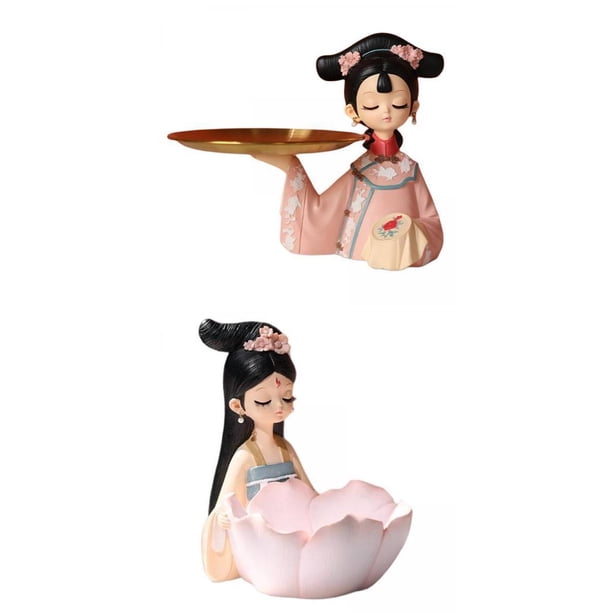 secretgardenu 2 piezas Figura de niña creativa china Estatua Almacenamiento Joyería Hogar Rosa S