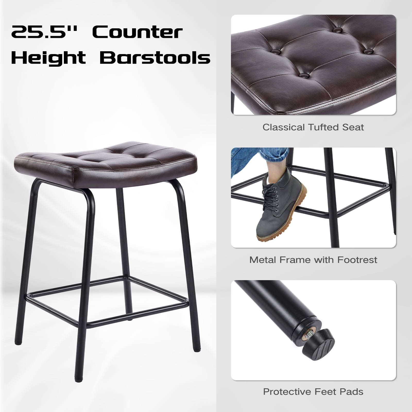 25" Saddle Counter Stools Set of 6, Tufted Faux Leather Counter Height Bar Stools with Metal Legs for Kitchen Island, Black Brown