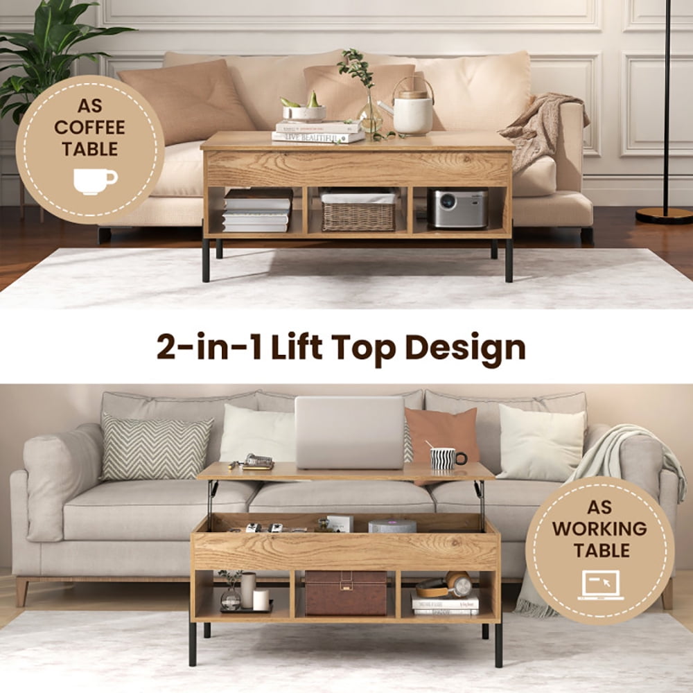 Finihen Coffee Table, Lift Top Coffee Table, Living Room Central Table with Lifting Tabletop and Metal Legs, for Living Room, Reception Room, Office, Natural Finihen Coffee Table, Lift Top Coffee Table, Living Room Central Table with Lifting Tabletop and Metal Legs, for Living Room, Reception Room, Office, Natural