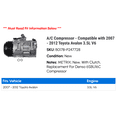 thumbnail image 2 of A/C Compressor - Compatible with 2007 - 2012 Toyota Avalon 3.5L V6 2008 2009 2010 2011, 2 of 2