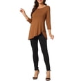 thumbnail image 2 of INSPIRE CHIC Women's Tops Round Neck 3/4 Sleeve Button Decor Irregular Hem Casual Style Blouse M Brown, 2 of 6