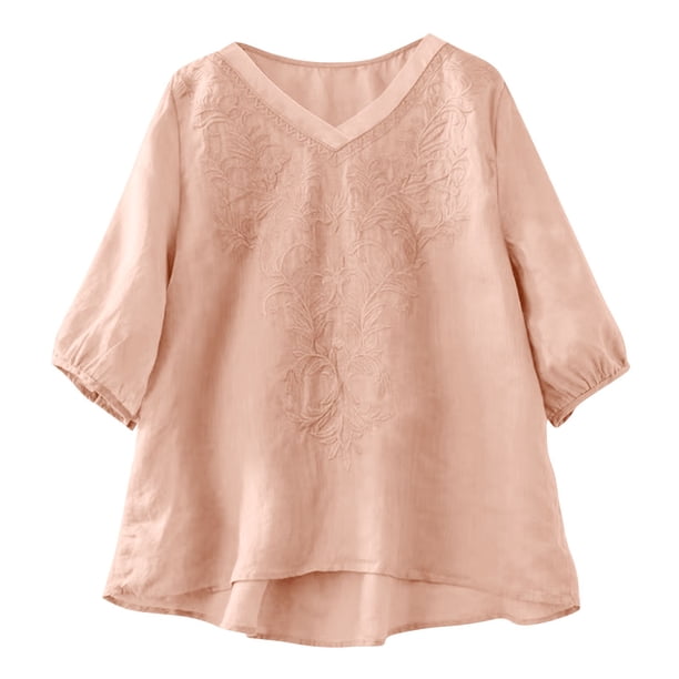 Camisas de Cuello en V de Manga Corta para las Mujeres Lino Blusas Bordadas Ajuste Suelto Verano Casual Tops de Cuello Redondo