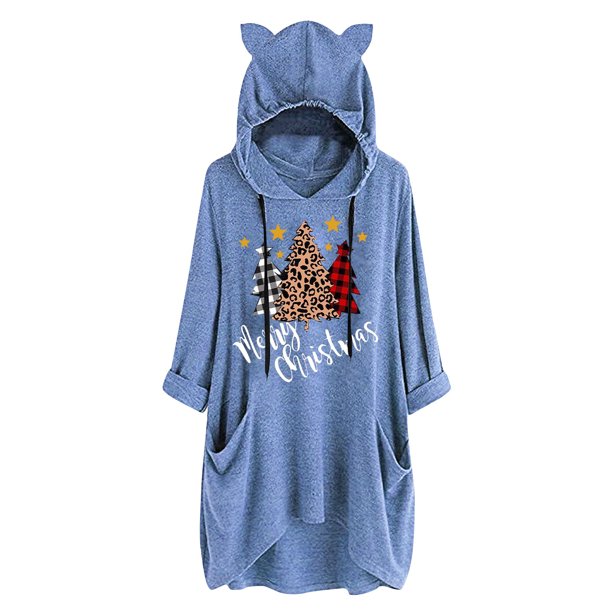 Camisas Navideñas Para Mujer, Camisetas de Manga Larga, Cuello Redondo, Con Capucha, Bolsillo Estampado, Camiseta Suelta de Otoño Odeerbi ODB205193