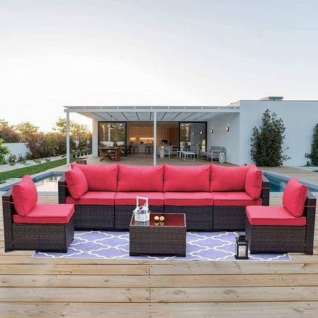 Gotland 7 Pieces Outdoor Patio Furniture Wicker Rattan Sectional Sofa Patio Conversation Sets Red
