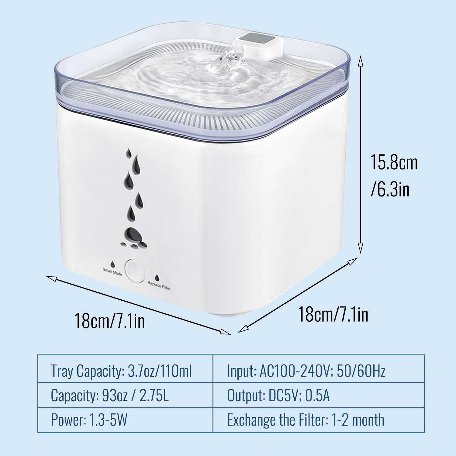 DAWOT Pet Water Fountain, 93oz/2.75L Automatic Cat and Dog Water Fountain Water Dispenser Ultra-Quite Easy to Clean and Assemble
