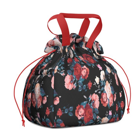 Pioneer Flower Floral Print Pattern Drawstring Lunch Bag Women - Drawstring Lunch Bag Insulated for Work Office - Stain-Resistant Large Lunchbags for Women with Multi-Pockets