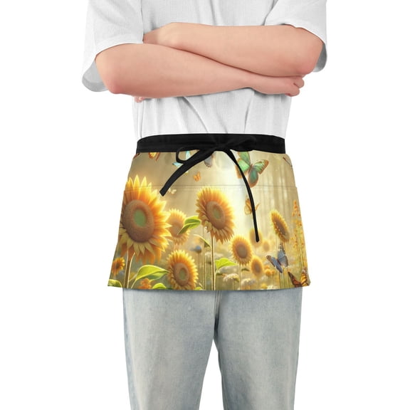Butterfly and Sunflower Daisy Waist Apron Adjustable Server Half Apron Kitchen Cooking with 3 Pockets for Men Women
