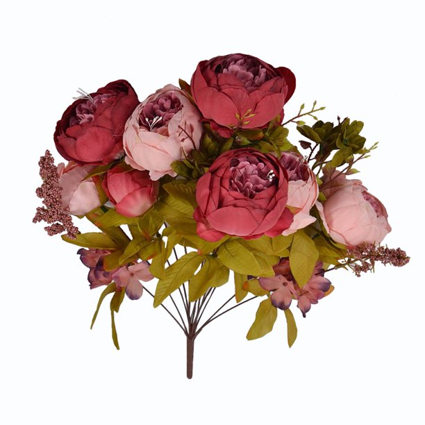 Ramo de flores de peonía artificial Oficina en casa Decoración floral falsa Ramo de flores de seda para banquete de boda, rojo oscuro Eigraketly HA7181-05B