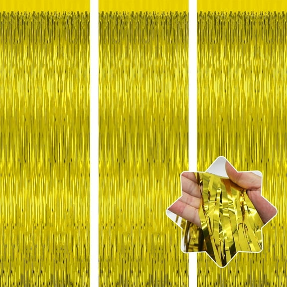 Gold Metallic Tinsel Foil Fringe Curtains,3.2ft x 6.5ft Gold Photo Booth Backdrop Streamer Curtain,Photo Booth Props,Ideal Party Supplies, Birthday, Christmas,New Year Decorations(3 Pcs)