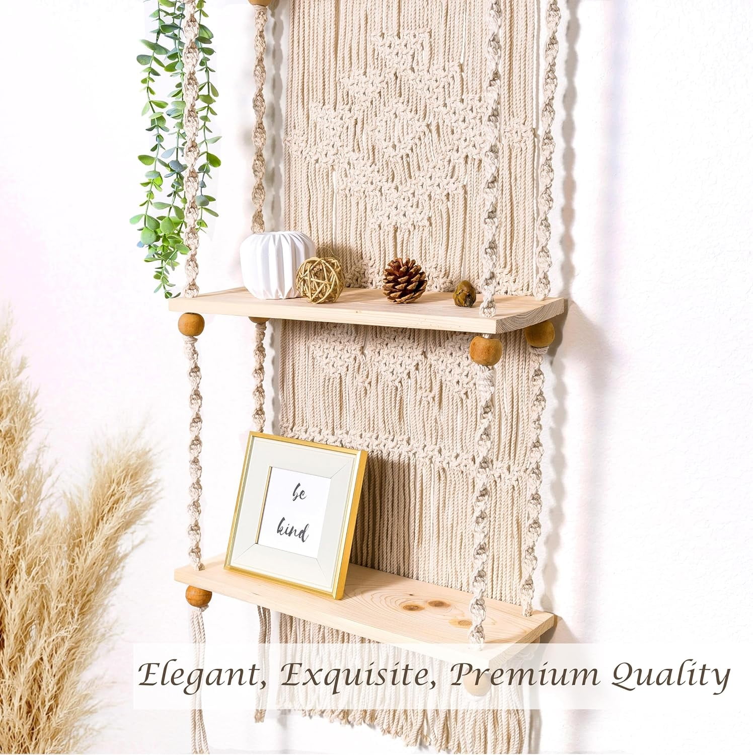Macrame Wall Hanging Shelf 2 Tier Boho Wall Plant Hanger Shelves, Handmade of Woven Rope Boho Shelves Organizer for Living Room Bathroom Home Storage Floating Plant Rack Bohemian décor
