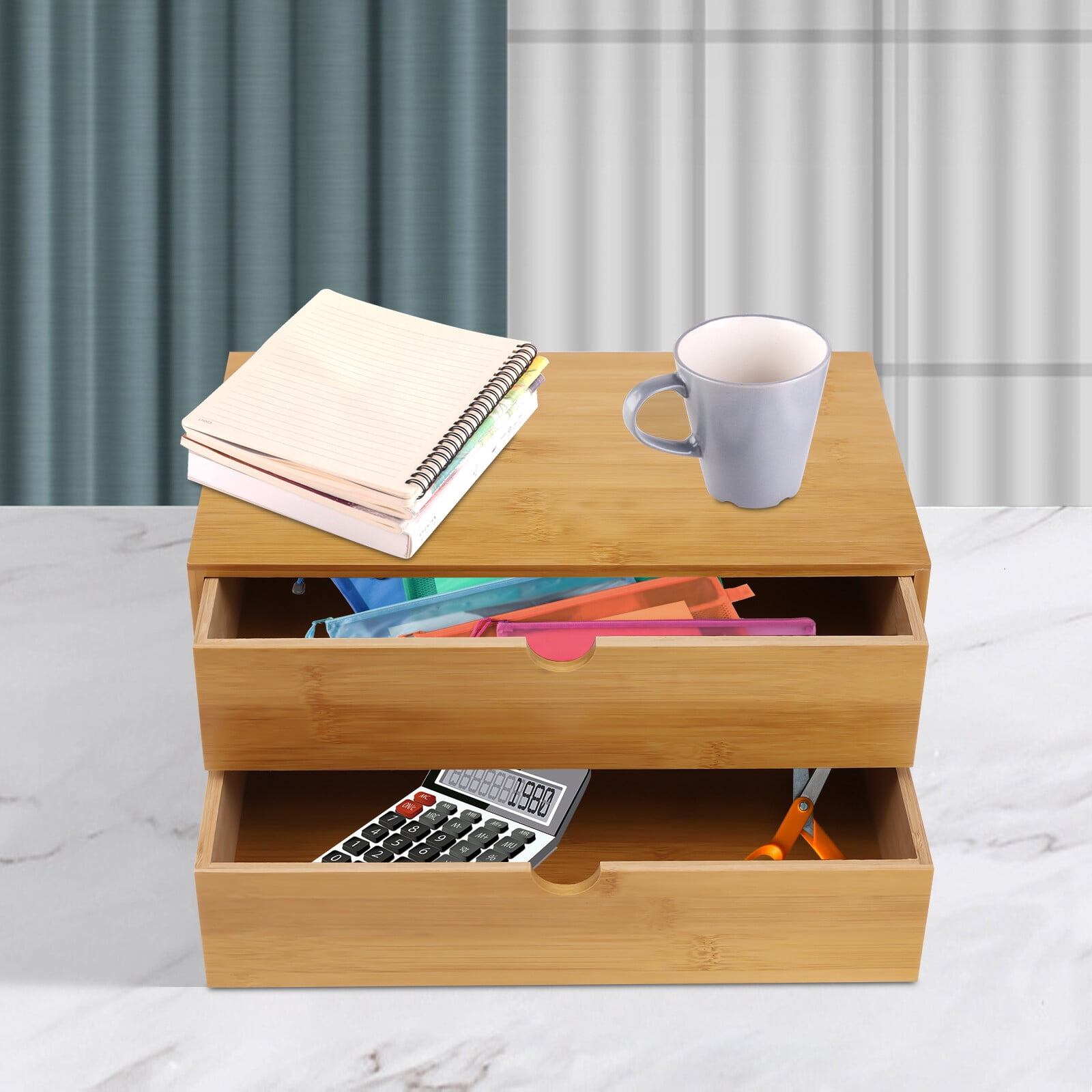 Desk Storage Box, Mini Bamboo Drawer Organizer with Curved Groove Handle for Office, Home