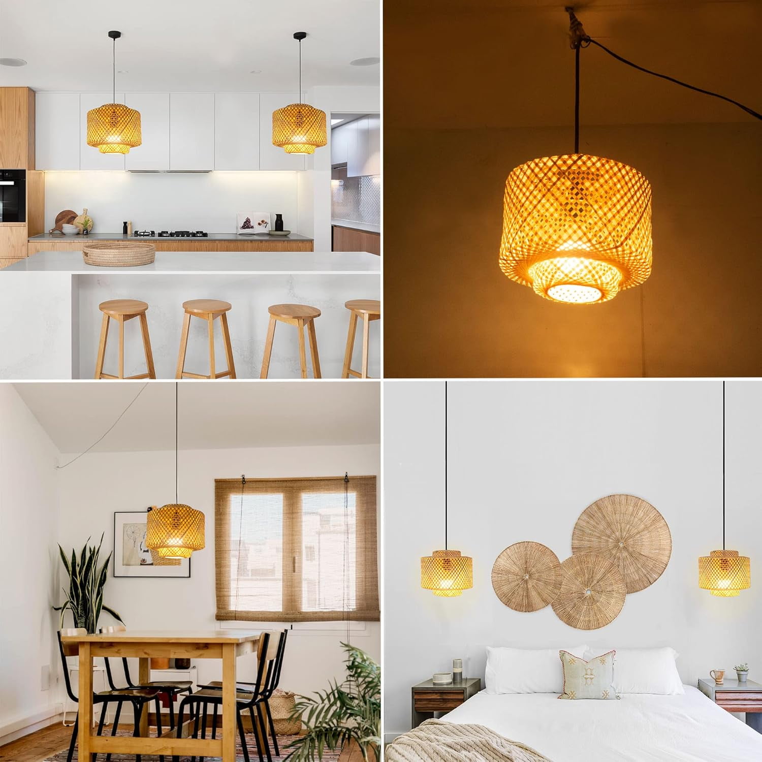 Small Gorgeous Wicker Bamboo Bulb Guard, LAMP Shade ONLY, Natural Wicker Chandelier Bamboo Lamp Shade For Pendant Light, Light Fixtures Ceiling Hanging For Living Room Kitchen (9.8'' x H10.6'')