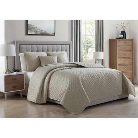 Cozy Soft Bedding Cozy Beddings Francesco Quilted Coverlet Set Soft Satin Lightweight Geometric Pattern | Tan ()