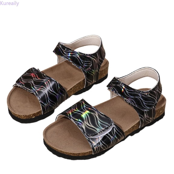 Kureaily Summer Girls' Large Sized Casual Sandals Made Of Cork With Colorful Prints Comfortable Sandals Suitable For Outdoor Use Beach Shoes./ Size 9,3-3.5 Years(Black)
