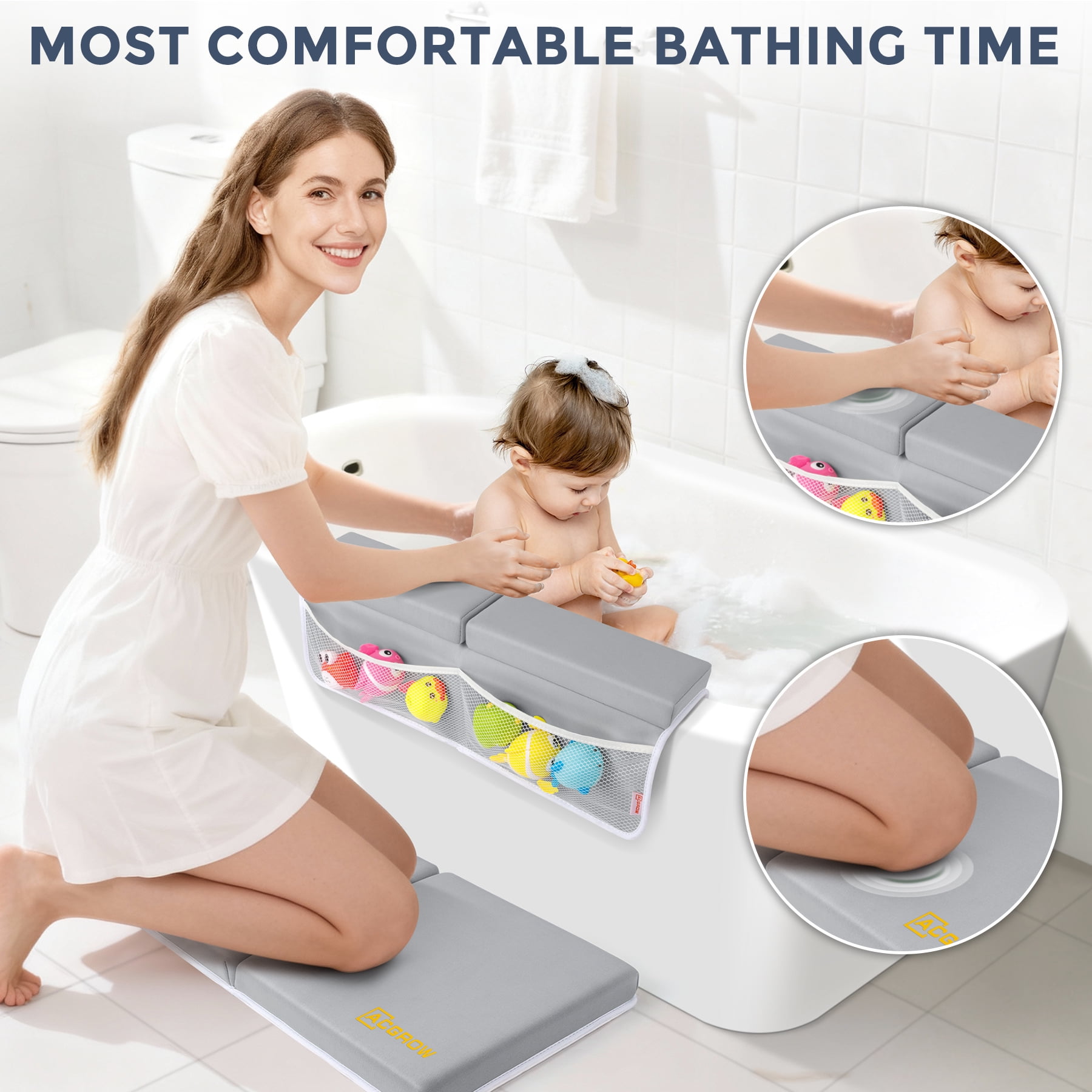ACGROW Bath Kneeler and Elbow Rest Pad Set - 1.5" Thick Baby Bath Kneeler Pads with Toys Organizer, Anti-Slip Cozy Knee & Arm Support Bathtub Mat, Quick Dry Kneeling Pad for Baby Bath Time Gray