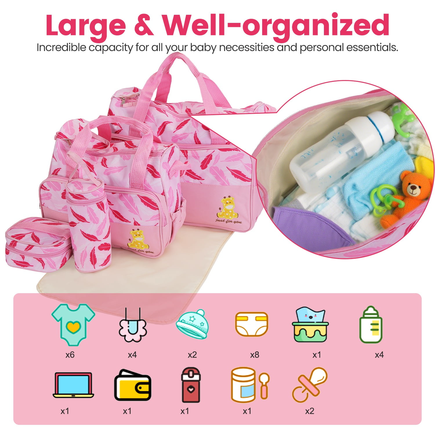 Moclever 5Pcs Baby Nappy Tote Bags Set for Mom Dad, Mummy Diaper Handbags with Diaper Pad Food Bag Bottle Bag Travel Tote Bags, Light Pink