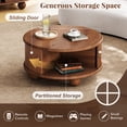 thumbnail image 5 of GZXS 31.8" Solid Wood Center Table with Sliding Door & Hidden Storage, Fluted Round Coffee Table for Living Room, Walnut, 5 of 10