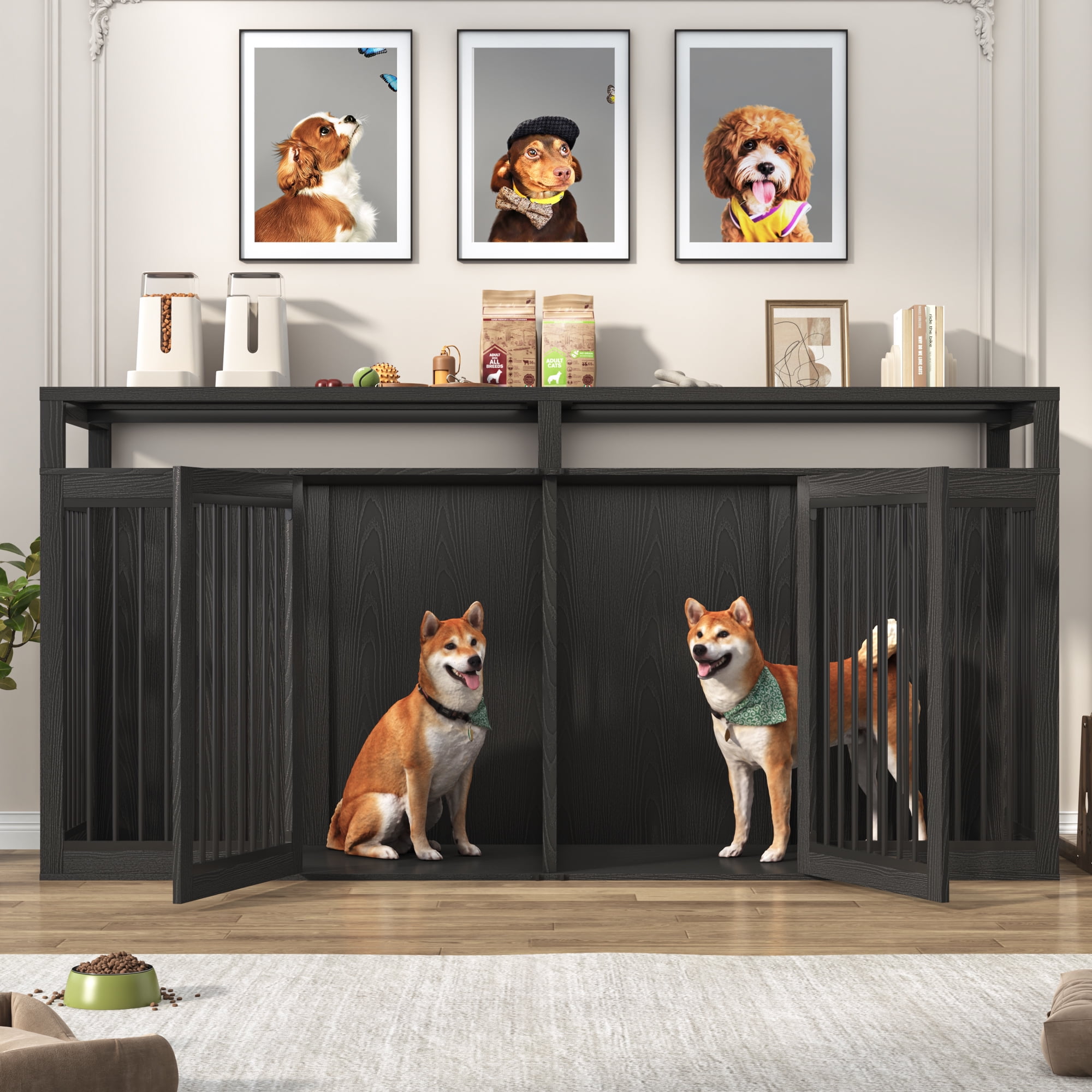 ChVans 87" Large Farmhouse Dog Crate TV Stand, Wooden Dog Crate Furniture with 4 Lockable Doors/Solid Metal Tube, XL-XXL Heavty Duty Dog Crates Furniture for 2 Medium or Large Dogs, Black