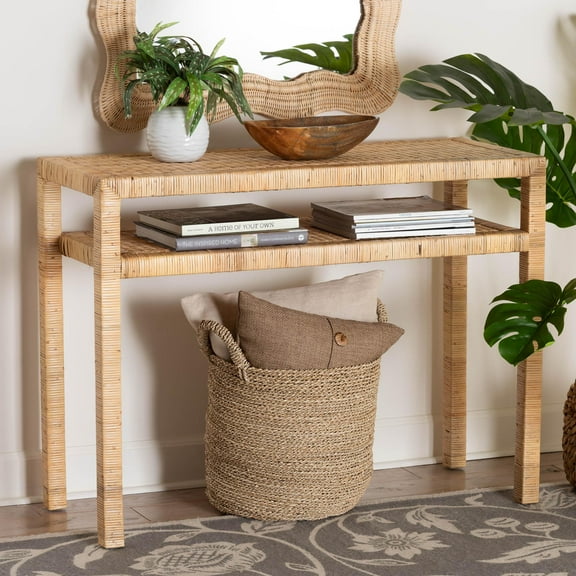 bali & pari Kalimantan Boho Console Table, Handwoven Natural Rattan, Light Honey