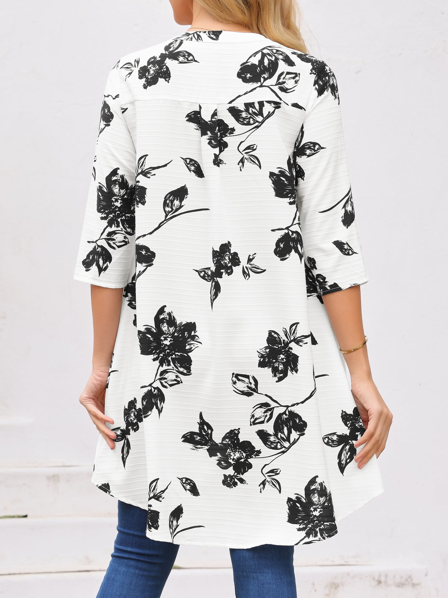 DARING DIVA Women's High Low Floral 3/4 Sleeve V Neck Asymmetrical Blouse S White
