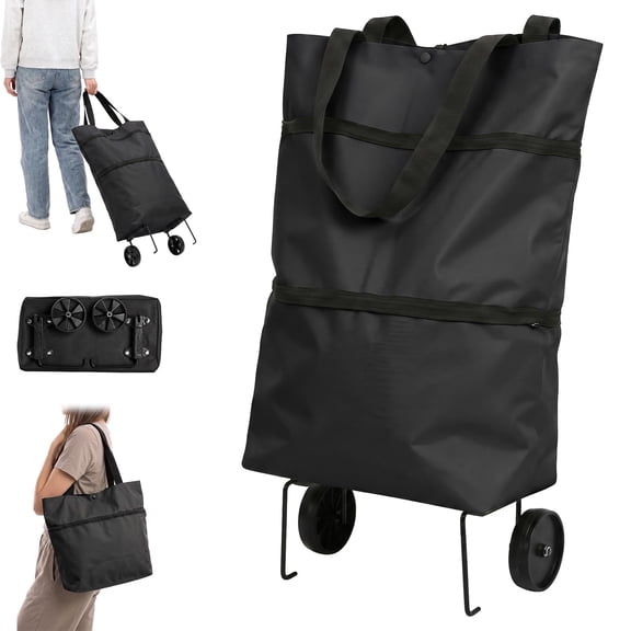2 in 1 Foldable Shopping Trolley Bag with Wheels - Large Capacity Rolling Grocery Cart for Travel Camping and Shopping