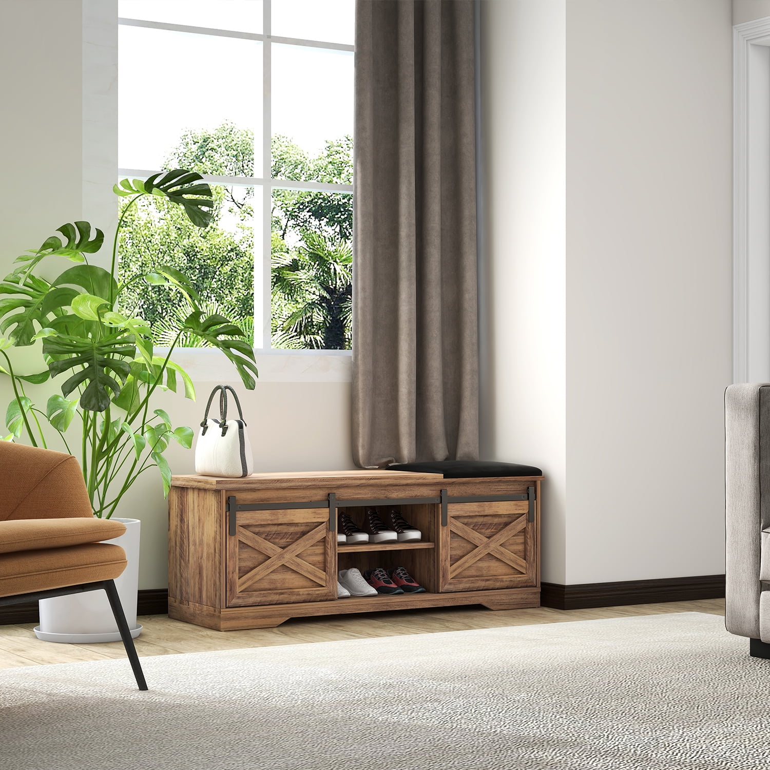 Kadyn 47 Inch Modern Farmhouse Sliding X Barn Door Litterbox Bench, Particle Board Shoe Bench with Entry Cutout, Light Brown Bench for Entryway Bedroom Kadyn 47 Inch Modern Farmhouse Sliding X Barn Door Litterbox Bench, Particle Board Shoe Bench with Entry Cutout, Light Brown Bench for Entryway Bedroom