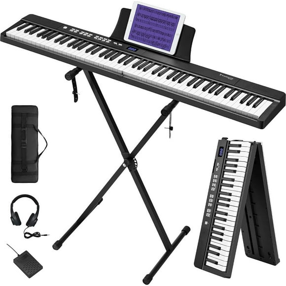 Starfavor SP-15F Foldable Keyboard Piano for Beginner, Portable 88 Key Full Size Semi Weighted Keyboard Electronic with Bluetooth, Piano Stand,Piano Bag(Black)