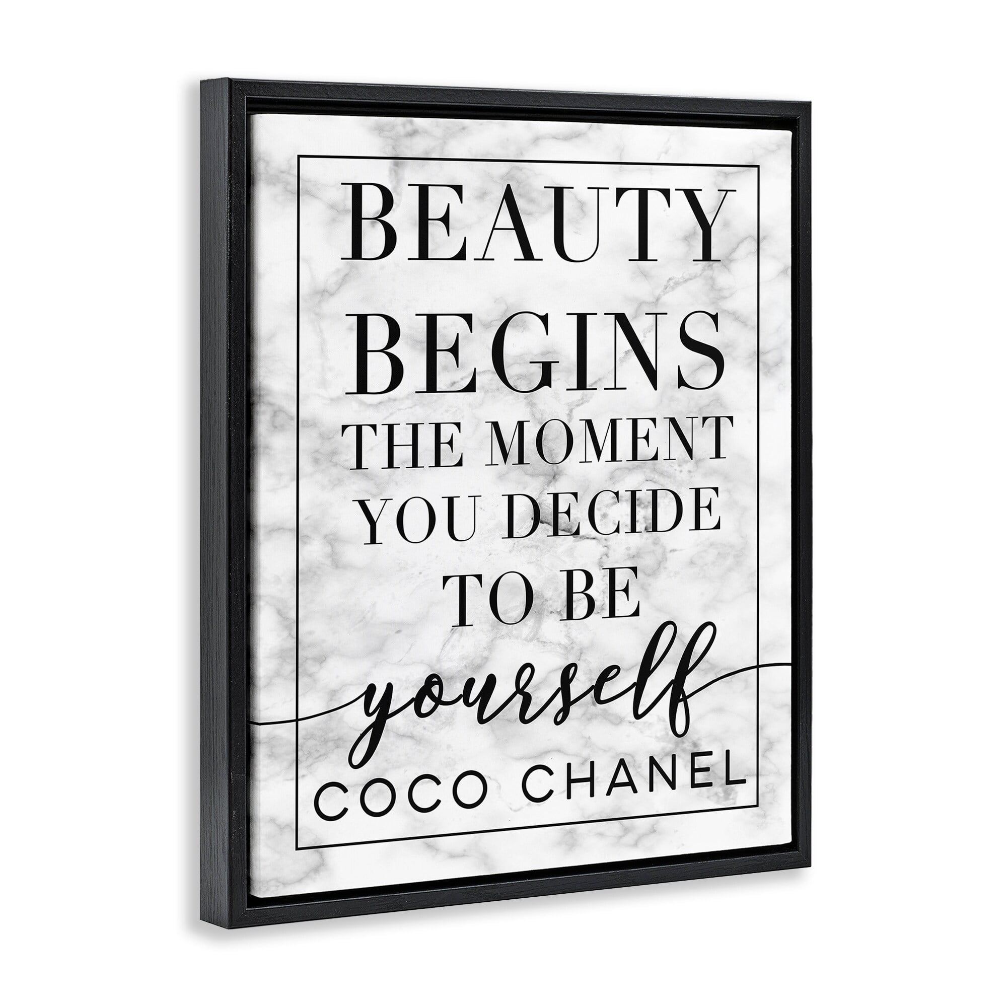 Stupell Industries Beauty Begins Once You Decide To Be Yourself White Marble Typography Jet Black Framed Floating Canvas Wall Art, 24x30, by Daphne Polselli