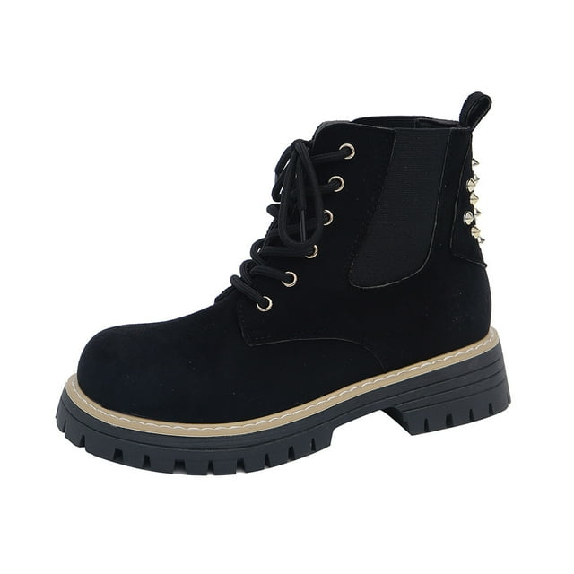 Bottes Noires pour Femmes, Bout Rond, à Lacets, avec Isolation en Mousse, Tige Courte, Hiver, Talon Épais, Style Britannique, pour Usage Extérieur Intérieur