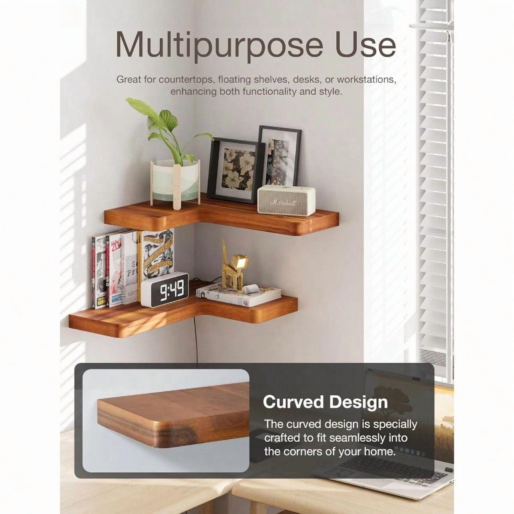 Acacia Wood Corner Floating Shelves 17 X 12 Corner Shelf Wall Mounted Floating Book Shelves For Wall Brackets And Shelving Hardware Included For Kitchen Living Room Bathroom Set 2