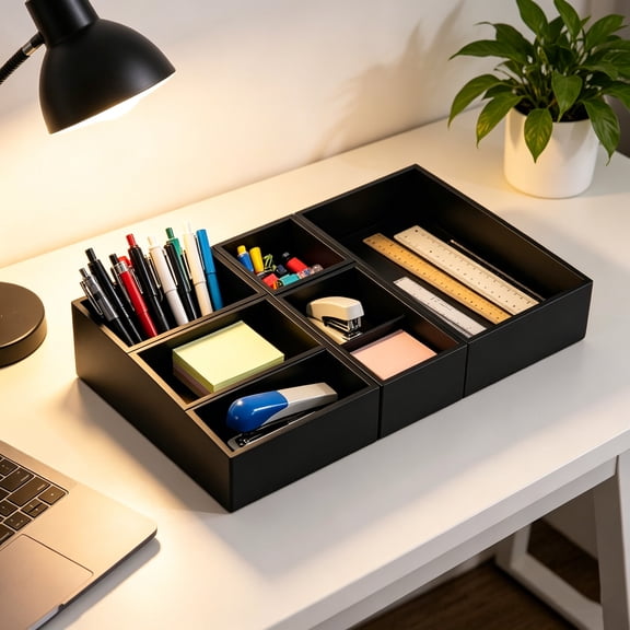 5-Piece Bamboo Drawer Organizer Set with 2 Adjustable Wood Dividers - Multi-Use Storage Bins for Kitchen Utensils, Bathroom Vanity, Makeup, Junk Drawer & Office Desk