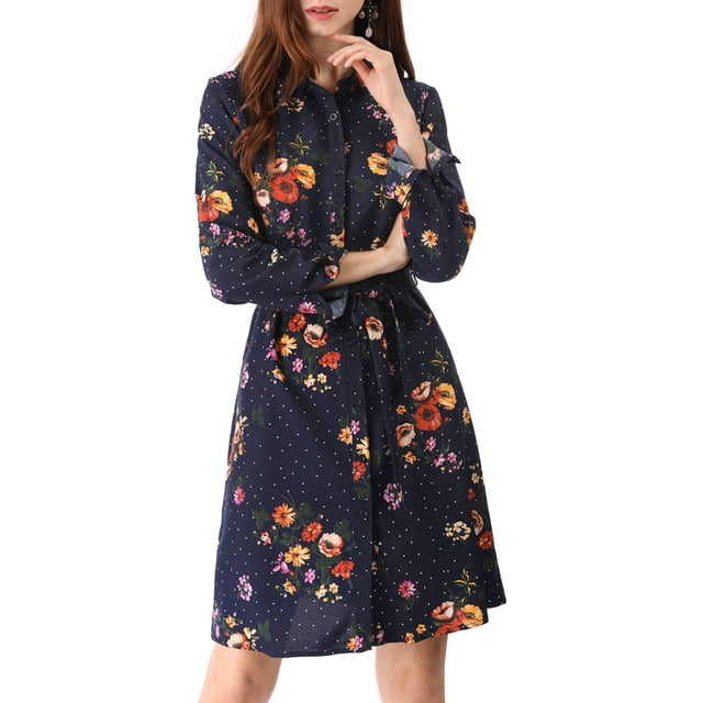 Vestido de camisa floral con cinturón y botones de solapa para mujer Allegra K XS azul oscuro