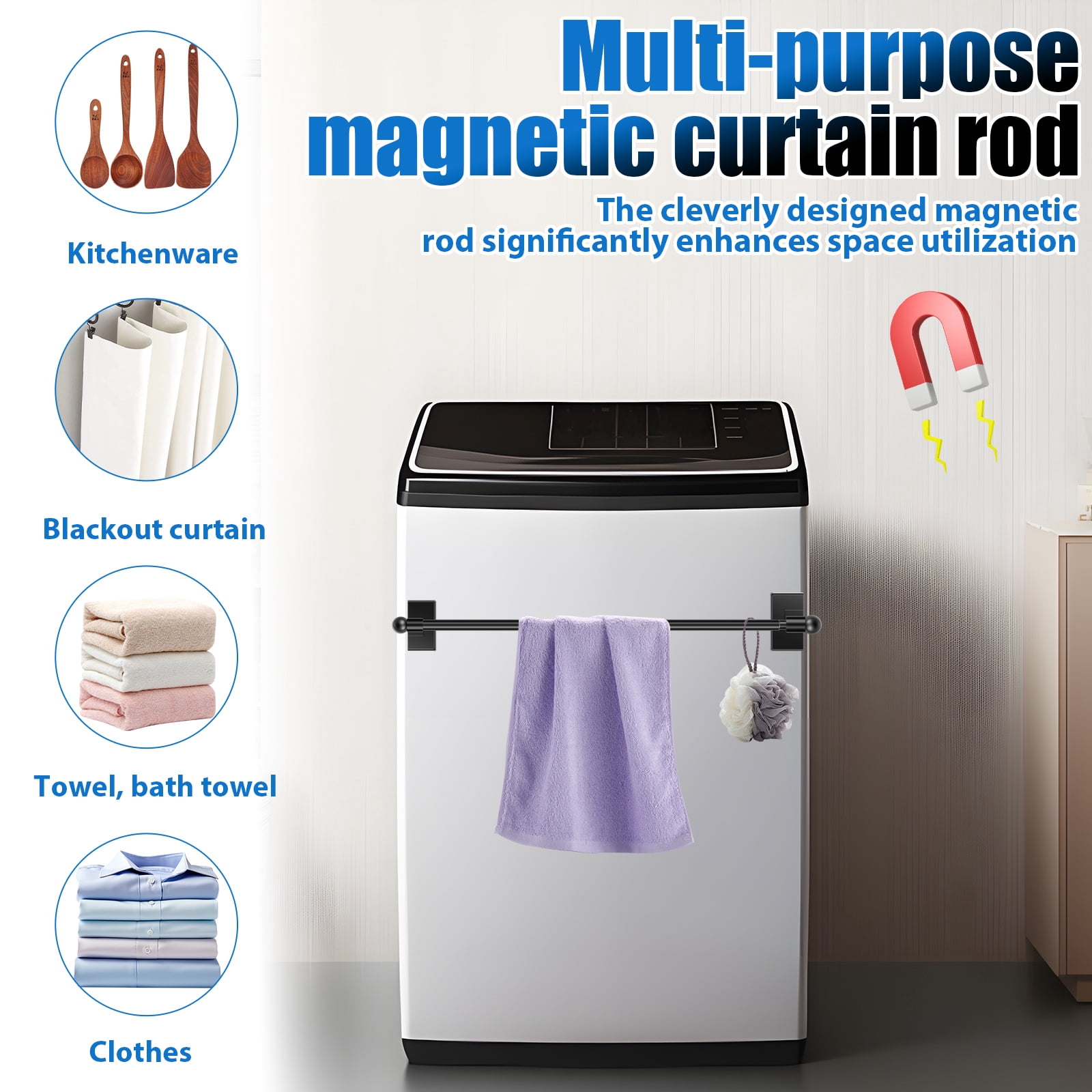 2sets Adjustable Magnetic Curtain Rod for Metal Door 17.3 to 33.4 Inch Multi Use Adjustable Appliance Magnetic Rod for Window Frame Cabinet Refrigerator Dishwasher,Black