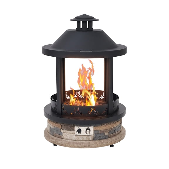 28-Inch Propane Fire Pit, 65,000 BTU Lantern Top Outdoor Gas Fire Pit, Gazabo Gas Fireplace with Faux Stone Base, Lava Rocks, Cover & Pre-attached 10ft Propane Hose